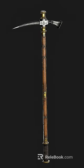 Traditional Wooden Long Staff Weapon With Metal Decorations And Yellow Component 3d model 