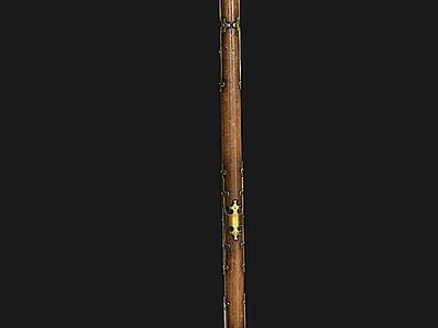 Traditional Wooden Long Staff Weapon With Metal Decorations And Yellow Component 3d model