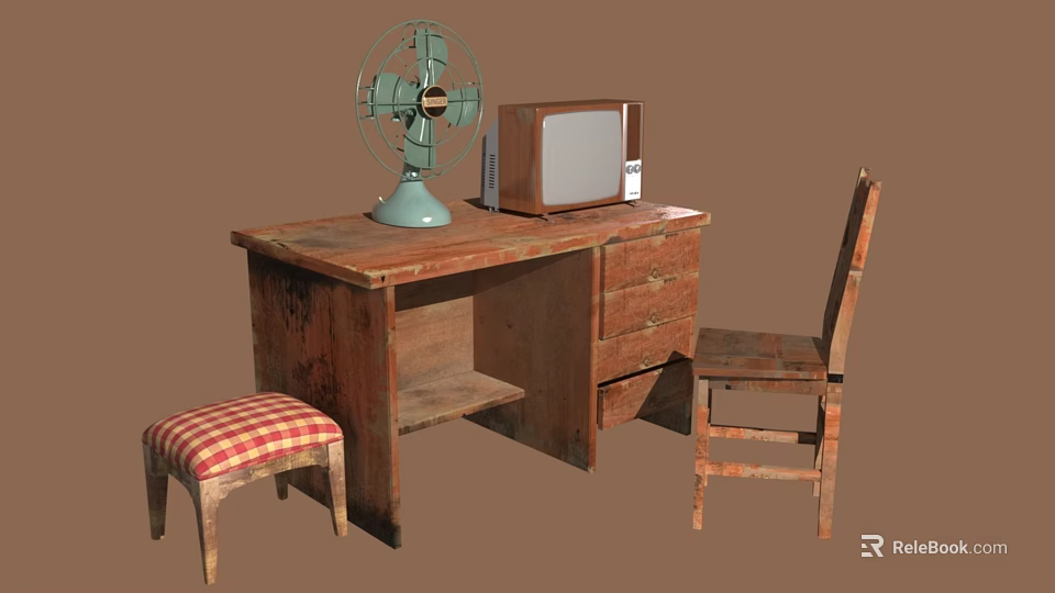 Rustic Wooden Furniture Set Featuring Desk Chair Stool Green Fan And Vintage TV 3d model 