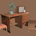 Rustic Wooden Furniture Set Featuring Desk Chair Stool Green Fan And Vintage TV