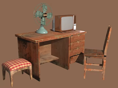 Rustic Wooden Furniture Set Featuring Desk Chair Stool Green Fan And Vintage TV 3d model