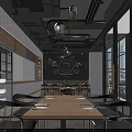 Modern Dessert Shop Interior With Black Ceiling Exposed Pipes And Wooden Tables