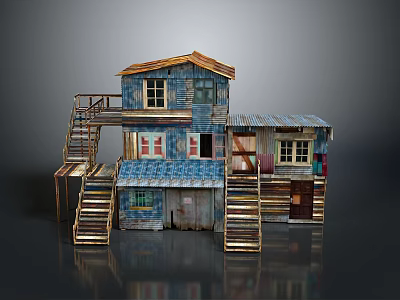 Rustic Two Story House Model With Wooden Stairs Balcony Blue Walls Windows And Doors 3d model