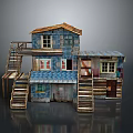 Rustic Two Story House Model With Wooden Stairs Balcony Blue Walls Windows And Doors