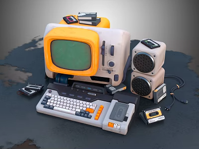 Vintage Computer Setup With Yellow Monitor Green Screen Keyboard And Peripherals 3d model