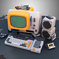 Vintage Computer Setup With Yellow Monitor Green Screen Keyboard And Peripherals