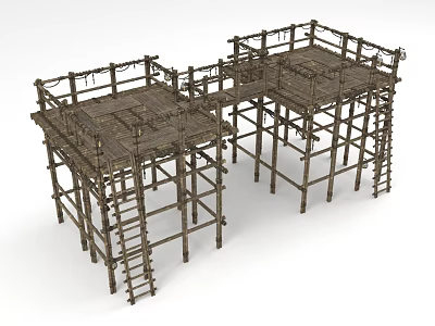 Wooden Elevated Platforms Construction With Ladders Railings And Frame Structure 3d model
