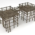 Wooden Elevated Platforms Construction With Ladders Railings And Frame Structure 3d model
