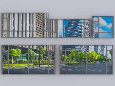 Modern Casement Windows Featuring Outdoor Views of Trees Street and High Rise Buildings 3d model