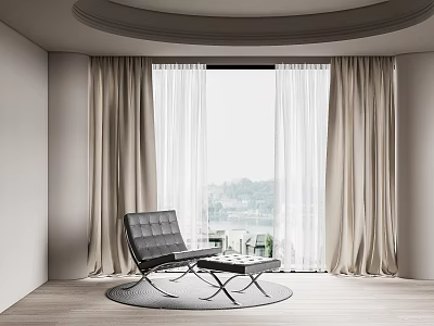 Beige Curtains For Floor To Ceiling Window In Modern Room With Black Chair And View 3d model