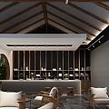 Traditional Tea House Interior Design With Wooden Roof Bookshelves Rattan Furniture And Round Mirror