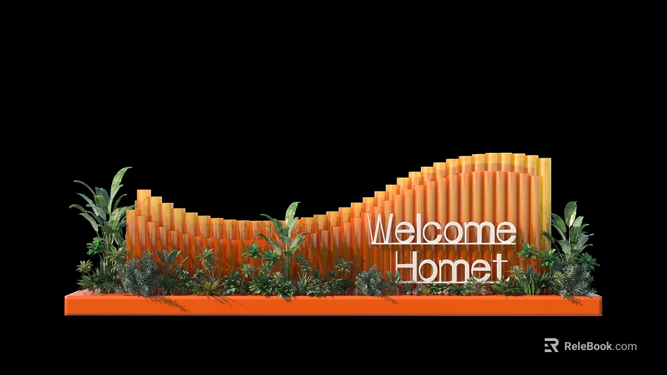 Welcome Home Decorative Orange Curved Structure With Green Plants And Base Platform 3d model 