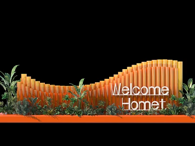 Welcome Home Decorative Orange Curved Structure With Green Plants And Base Platform 3d model