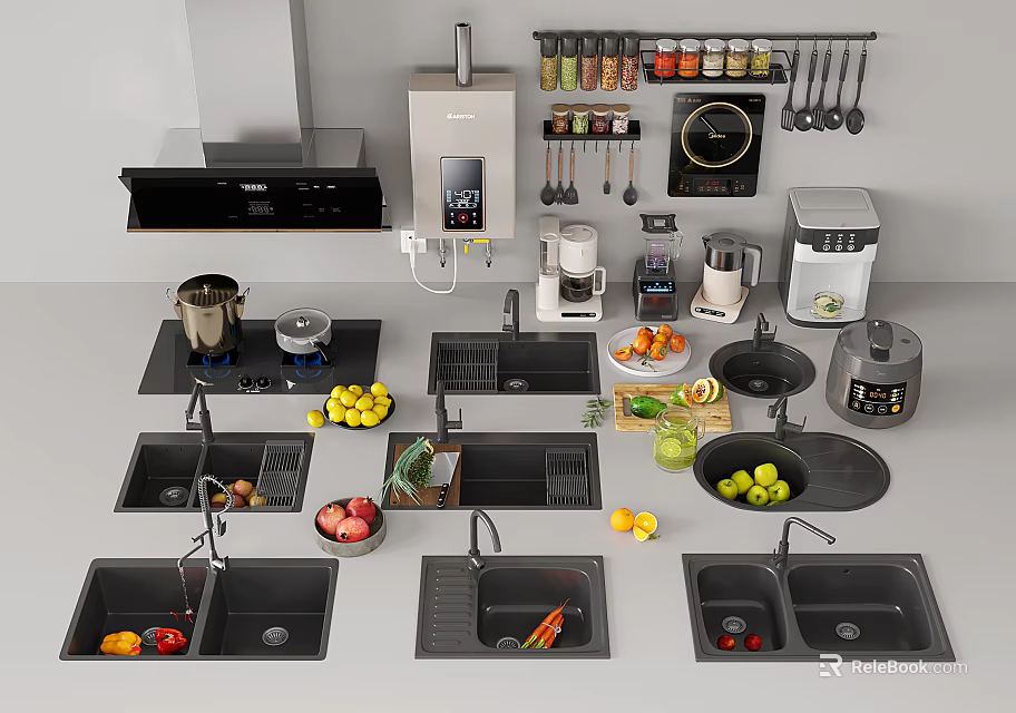 Practical Kitchen Sink Designs With Fresh Vegetables And Fruit In Modern Kitchen 3d model