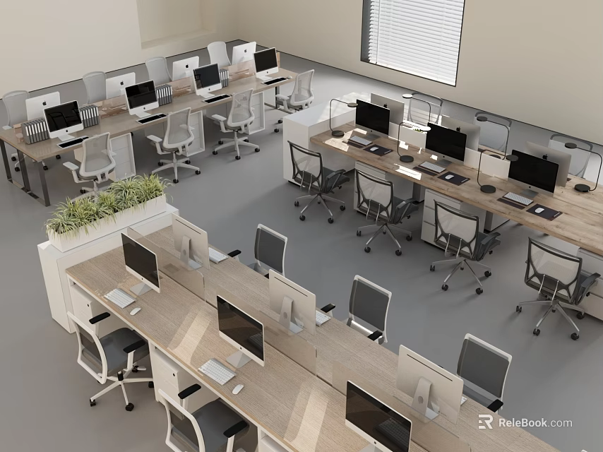 Neatly Arranged Modern Office Desks With Computers And Ergonomic Chairs In Workspace 3d model 