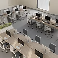 Neatly Arranged Modern Office Desks With Computers And Ergonomic Chairs In Workspace