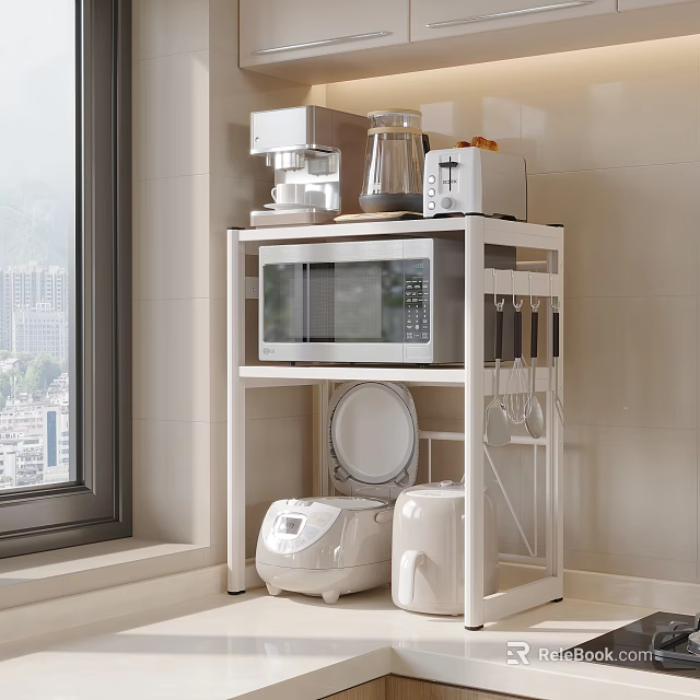 Modern Kitchen Storage Rack With Microwave Coffee Maker Toaster Rice Cooker And Hanging Utensils 3d model 
