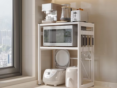 Modern Kitchen Storage Rack With Microwave Coffee Maker Toaster Rice Cooker And Hanging Utensils 3d model