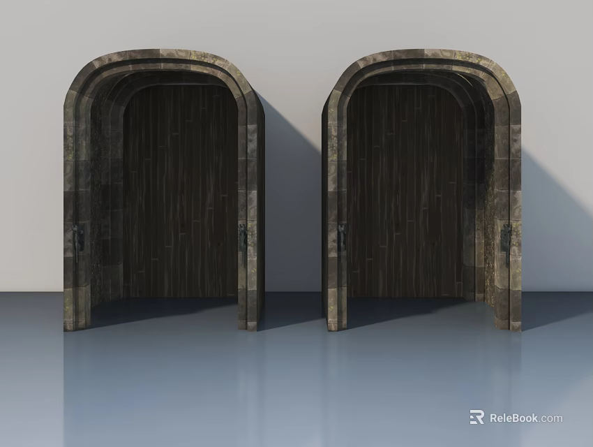 Symmetrical Arched Stone Gate Landscape Sculpture With Textured Surface And White Wall Background 3d model 