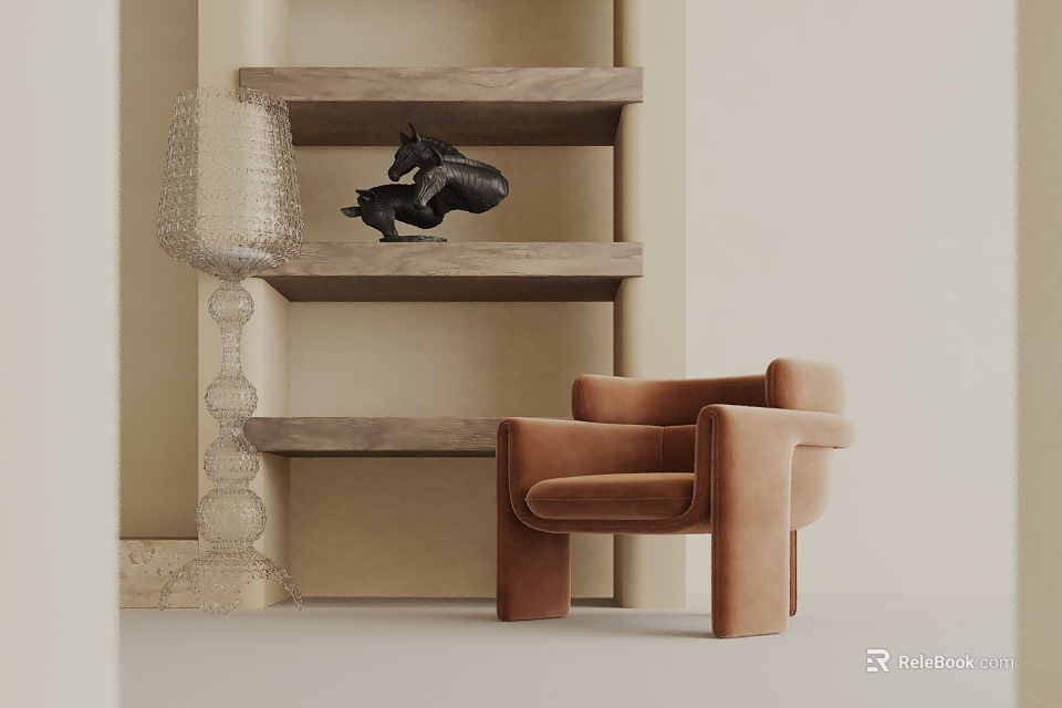 Comfortable Brown Accent Chair With Wooden Shelves Black Sculpture Glass Lamp And Beige Wall 3d model 