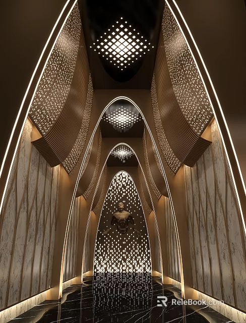 Luxurious KTV Interior Design With Arched Structures Golden Decorations And Perforated Lighting Effects 3d model 