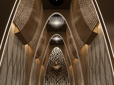 Luxurious KTV Interior Design With Arched Structures Golden Decorations And Perforated Lighting Effects 3d model