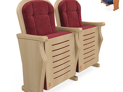 Wooden Frame Public Chairs With Red Upholstered Seats Side By Side In Public Areas 3d model