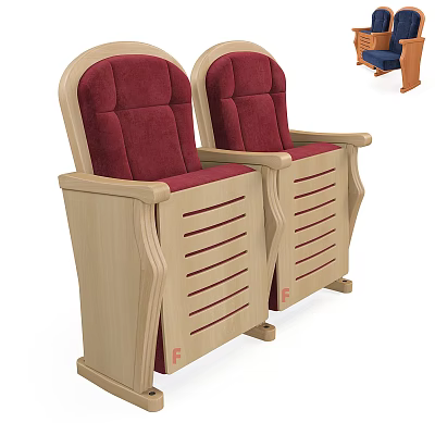 Wooden Frame Public Chairs With Red Upholstered Seats Side By Side In Public Areas 3d model