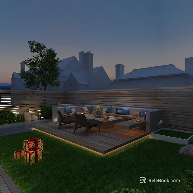 Evening Outdoor Garden Landscape With Wooden Deck Sofa Seating Trees Lighting And Grass Area 3d model 