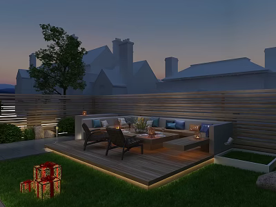 Evening Outdoor Garden Landscape With Wooden Deck Sofa Seating Trees Lighting And Grass Area 3d model