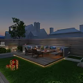 Evening Outdoor Garden Landscape With Wooden Deck Sofa Seating Trees Lighting And Grass Area