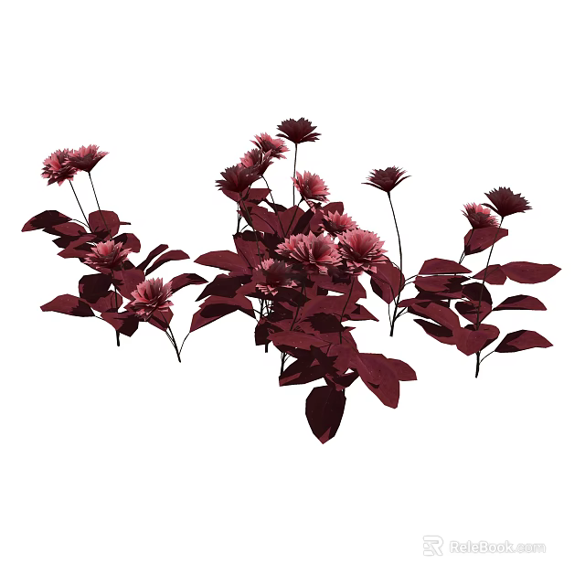 Blooming Cluster Of Deep Red And Magenta Flowers With Lush Leaves 3d model 