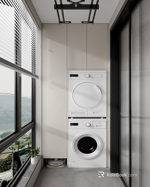 Home Balcony With White Stacked Washer Dryer Window With Blinds And Mountain Lake View 3d model 
