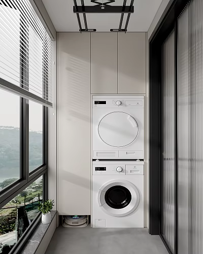 Home Balcony With White Stacked Washer Dryer Window With Blinds And Mountain Lake View 3d model