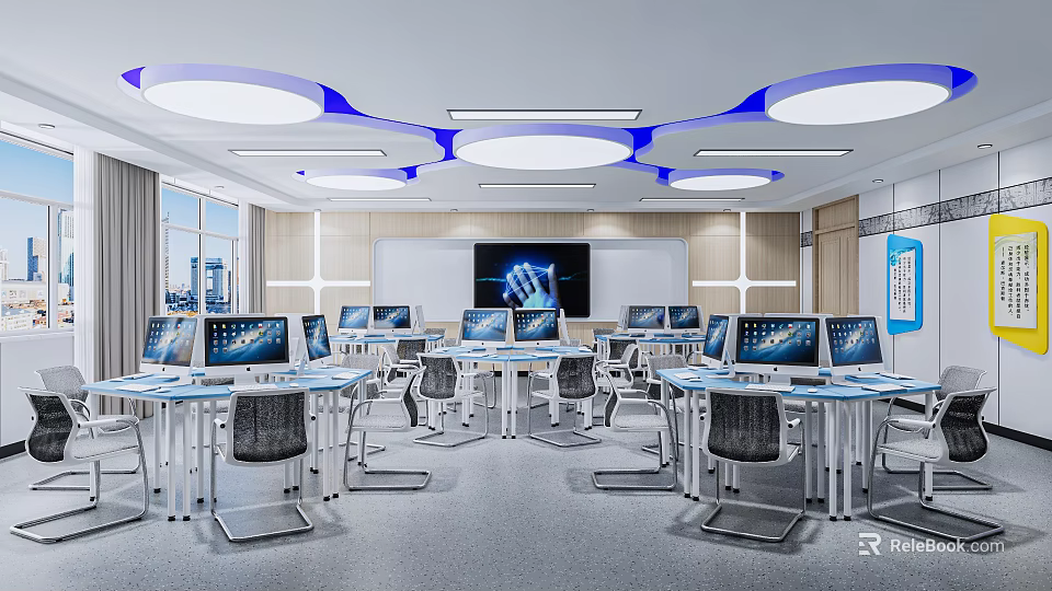 School Modern Classroom With Multimedia Equipment Computers And Large Screen 3d model 