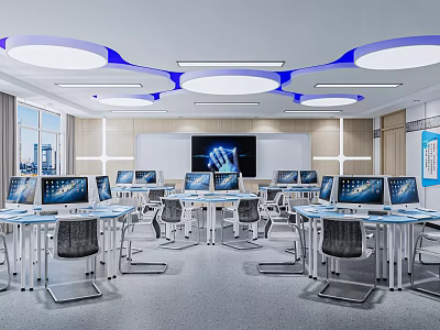 School Modern Classroom With Multimedia Equipment Computers And Large Screen 3d model