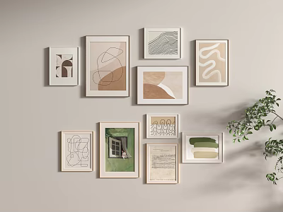 Minimalist Framed Wall Art Collection With Abstract Designs Neutral Tones And Green Plant 3d model