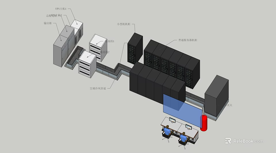 Data Center Computer Server Racks With Network Equipment And Workstation Setup 3d model