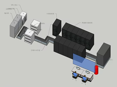Data Center Computer Server Racks With Network Equipment And Workstation Setup 3d model