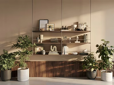 Modern Stylish Shelving Unit With Decorative Items Books And Potted Plants 3d model