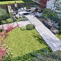 Modern Building Terrace Garden Landscape With Green Lawn Shrubs And Outdoor Seating