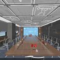 Contemporary Conference Room Featuring Long Wooden Table Ergonomic Chairs Geometric Ceiling And Future Themed Wall