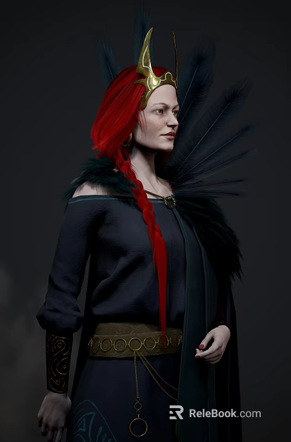 Woman With Red Hair Long Braid Black Off Shoulder Top And Feather Decoration On Shoulders 3d model 