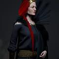 Woman With Red Hair Long Braid Black Off Shoulder Top And Feather Decoration On Shoulders