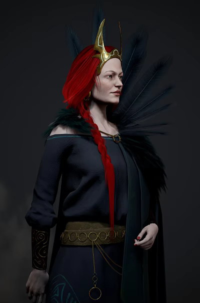 Woman With Red Hair Long Braid Black Off Shoulder Top And Feather Decoration On Shoulders 3d model
