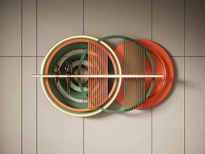 Colorful Circular Wall Decor With Green Orange And Beige Striped Rings On White Tiled Wall 3d model