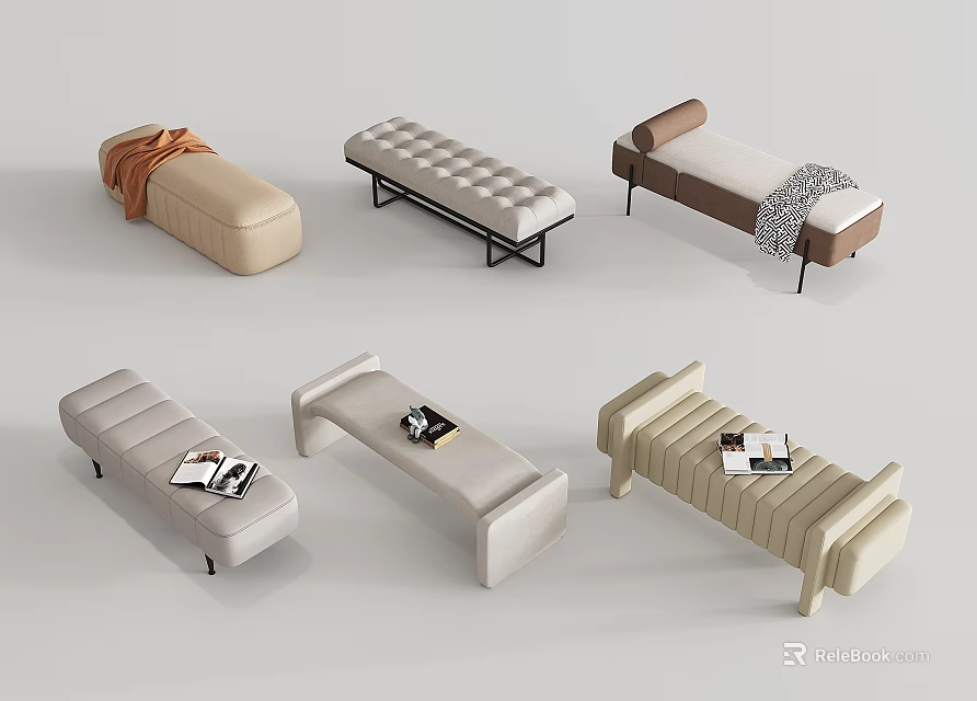 Modern Sofa Benches Featuring Various Upholstered Styles Metal Legs And Decorative Elements Like Blankets Magazines 3d model 