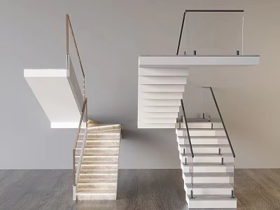 Modern Staircase Design With Metal Railings Glass Balustrades And Wooden Steps 3d model