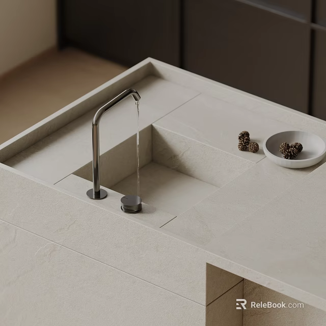 Modern Kitchen Sink With Stainless Steel Faucet On Integrated Quartz Countertop And Small Decorative Bowl 3d model 