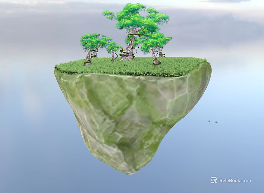 Floating Island With Green Grass And Trees In Sky Background 3d model 
